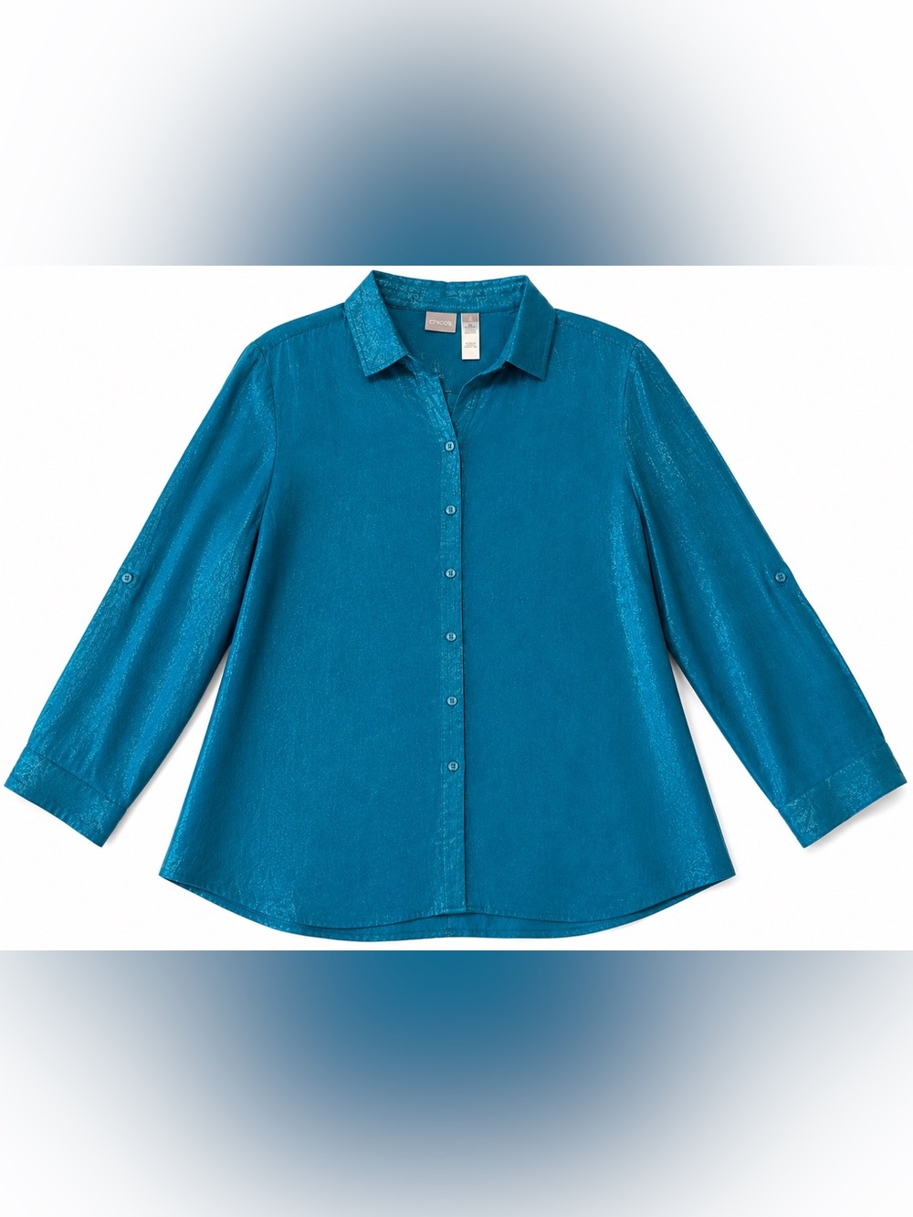 Chico’s Size 3 Teal Shimmer Button Front Blouse Long Sleeve Rayon